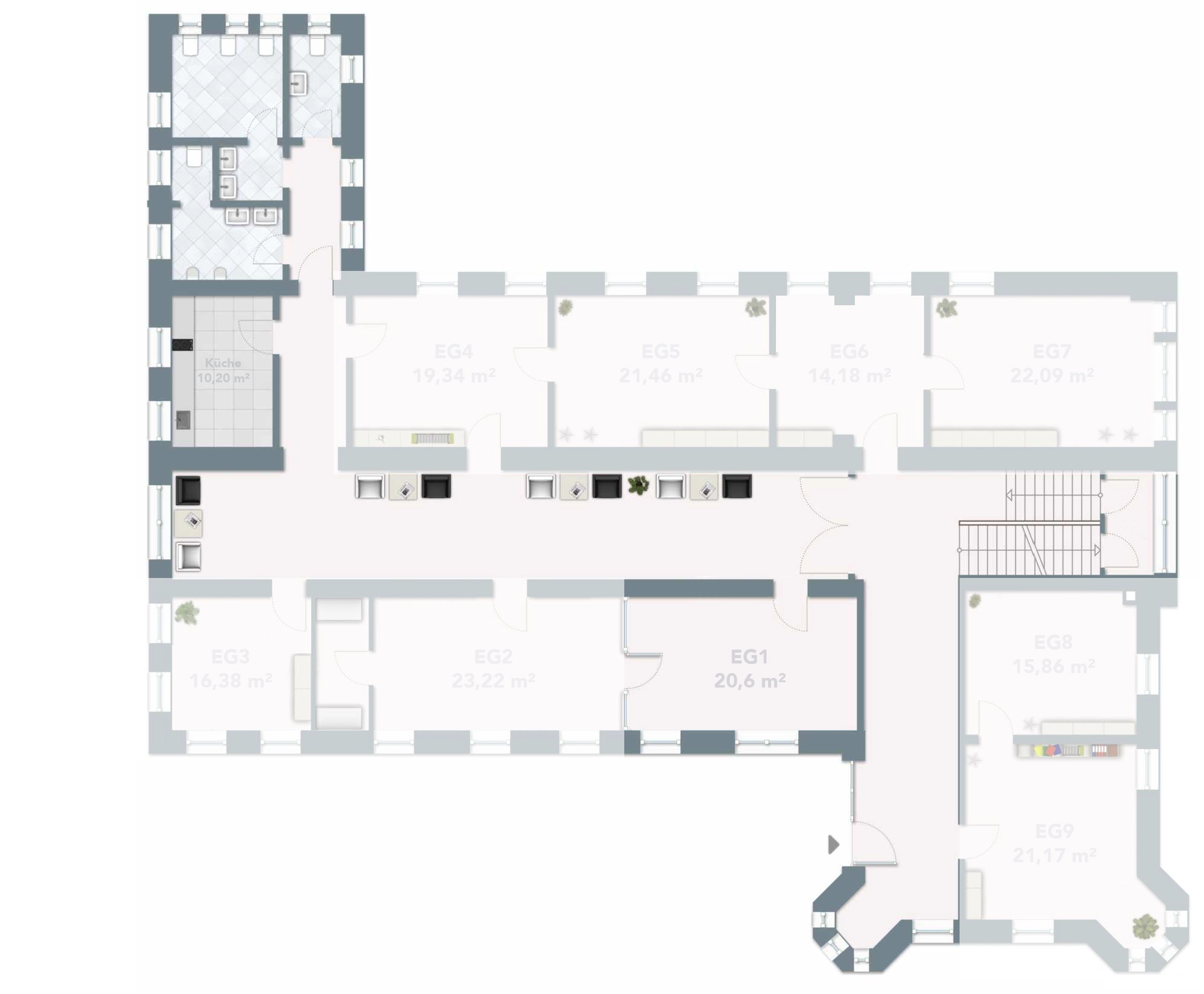 Grundriss Erdgeschoss mit der Mieteinheit EG1 (20,6 m²)