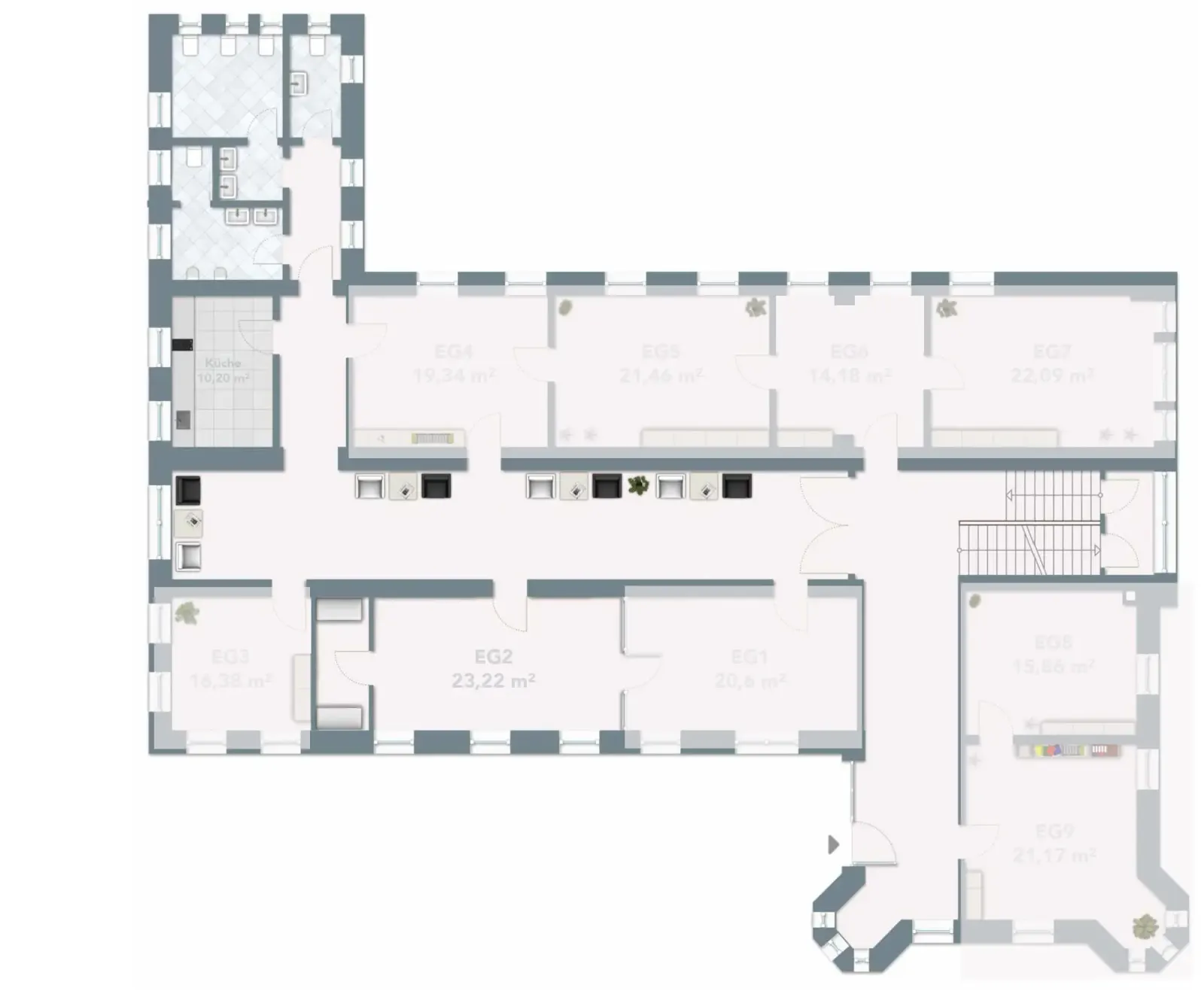 Grundriss Erdgeschoss mit der Mieteinheit EG2 (23,22 m²)