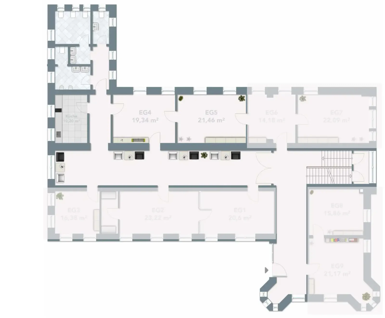 Grundriss Erdgeschoss mit den Mieteinheiten EG4 (19,34 m²) und EG5 (21,46 m²)